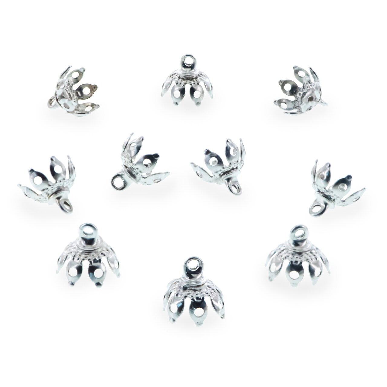 10 Lotus Petal Filigree Silver Brass Metal Ornament Caps - Ball or Egg Top Findings, End Caps 0.35 Inches (9 mm)